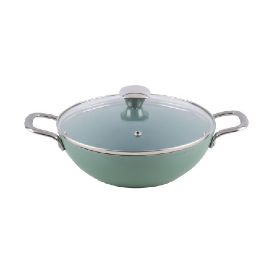 Forged Ceramic Kadai with Glass Lid, Induction Compatible, Green, 240 mm