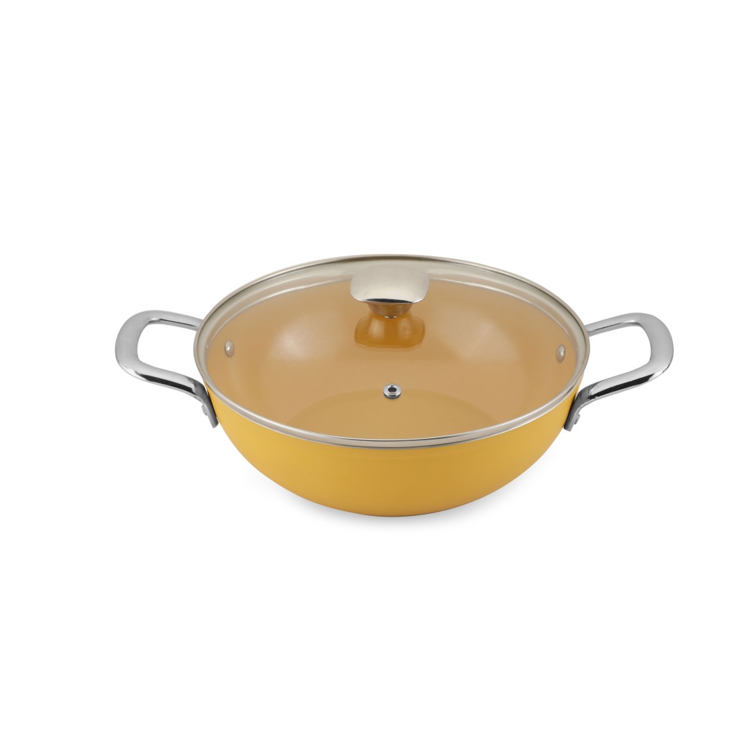 Forged Ceramic Kadai with Glass Lid, Induction Compatible, Mustard Yellow, 260 mm