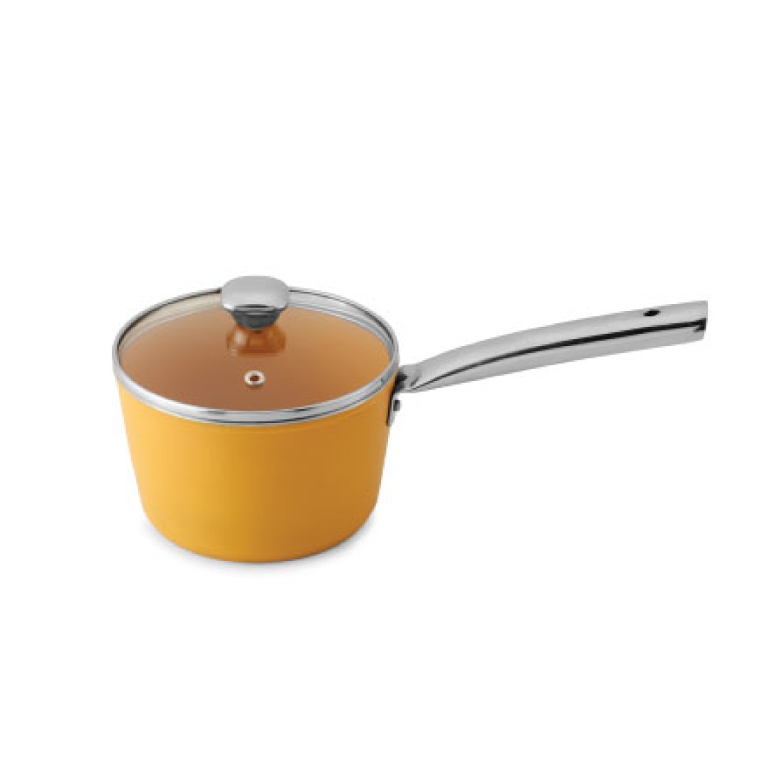 Forged Ceramic Saucepan with Glass Lid, Induction Compatible, Mustard Yellow, 160 mm