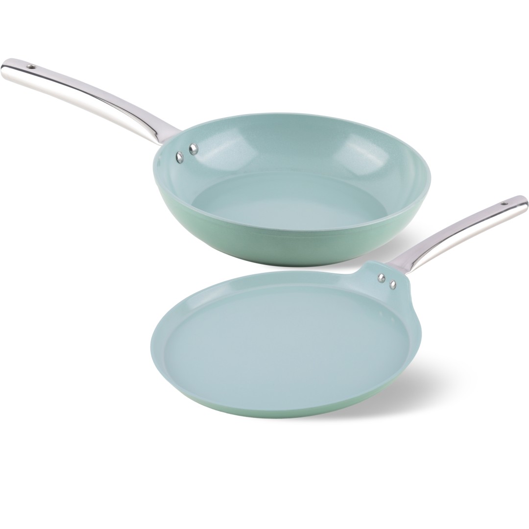 Forged Ceramic Set of 2, Frypan-240 mm, Dosa Tava- 260 mm, Induction Compatible, Green