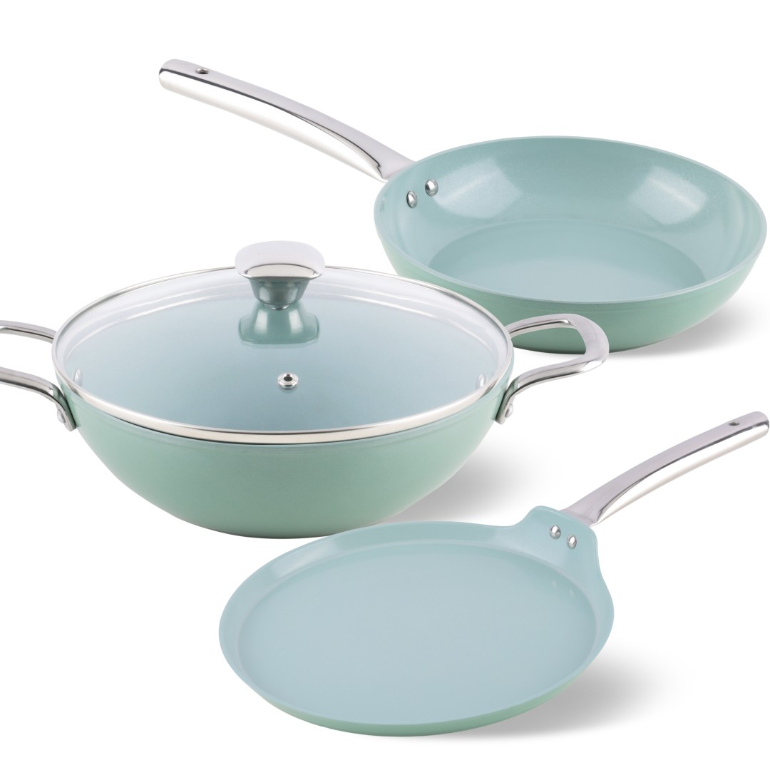 Forged Ceramic Set of 3+ 1, Kadai with Glass Lid - 240 mm, Frypan- 240 mm, Dosa Tava 260 mm Induction compatible , Green