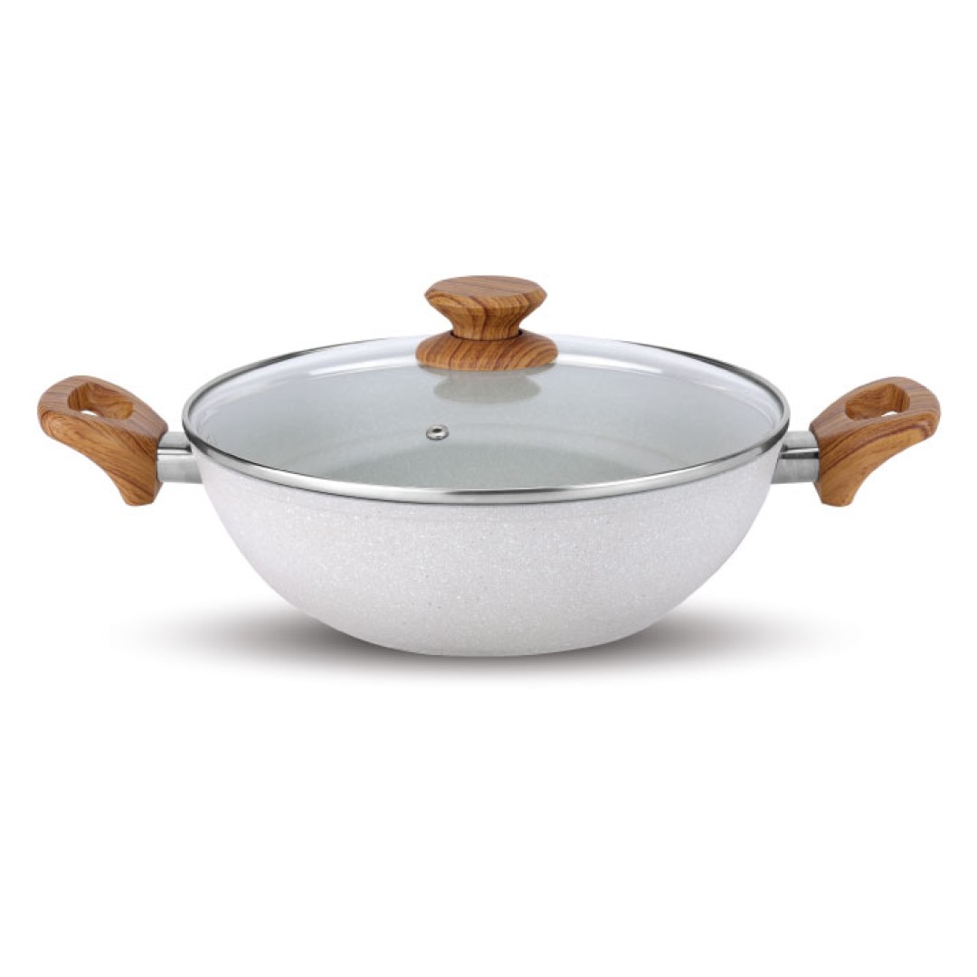 Forged Nonstick Kadai with Glass Lid, Induction Compatible, White Spatter, 240 mm