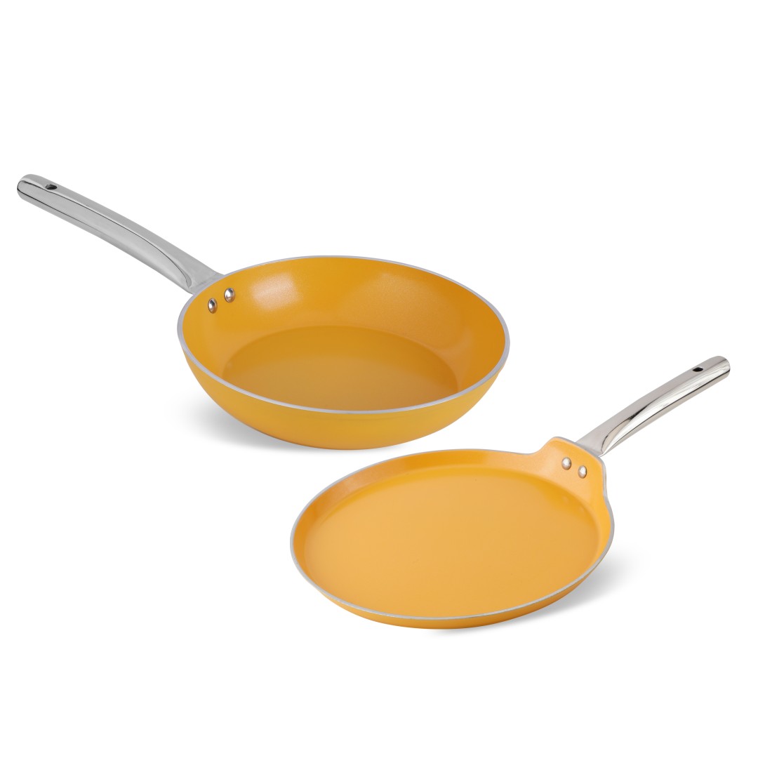 Forged Nonstick Set Of 2 , Frypan- 240 mm, Dosa Tava-260 mm, Induction Compatible, Mustard Yellow