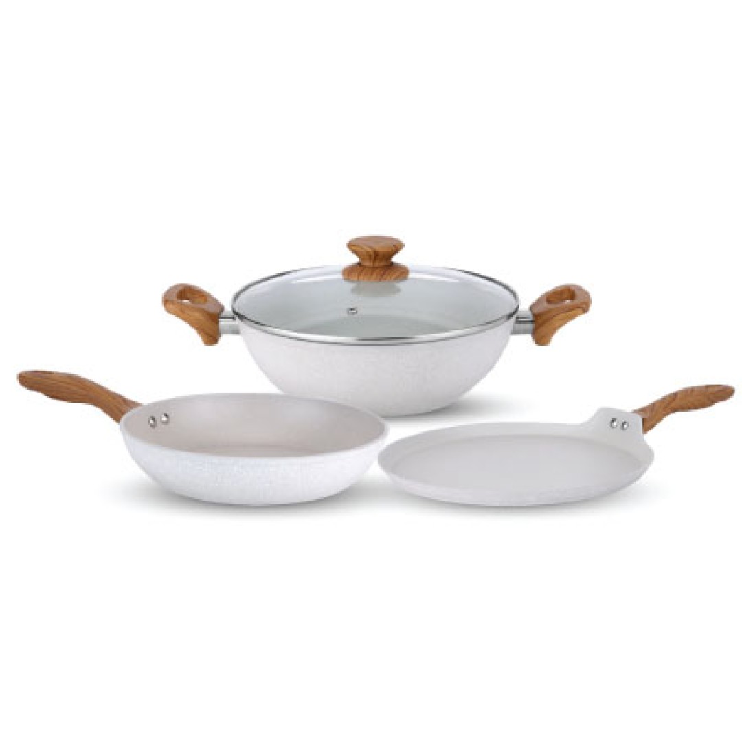 Forged Nonstick Set Of 3+1, Kadai with Glass Lid- 240 mm,  Frypan- 240 mm, Dosa Tava-260 mm, Induction Compatible, White Spatter