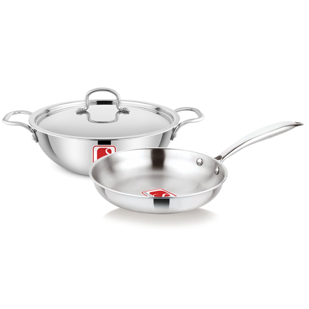 Tri-Ply Stainless Steel Set Of 2 ( Kadai 240mm + Frypan 240 mm  With Common Lid ) Induction Base , Silver