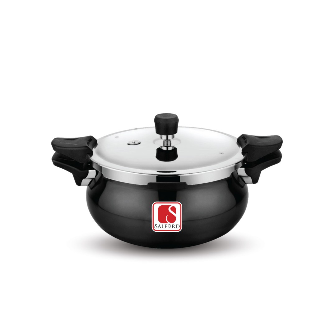Xpert 3 in 1 Hard Anodised Induction Base Handi Shape Outer Lid Pressure Cooker With Strainer And Glass Lid , Black , 5 Litre